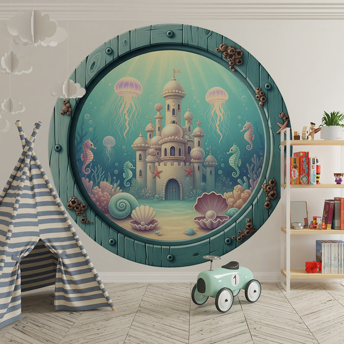Papier peint chambre bébé | Château sous-marin féerique avec créatures marines