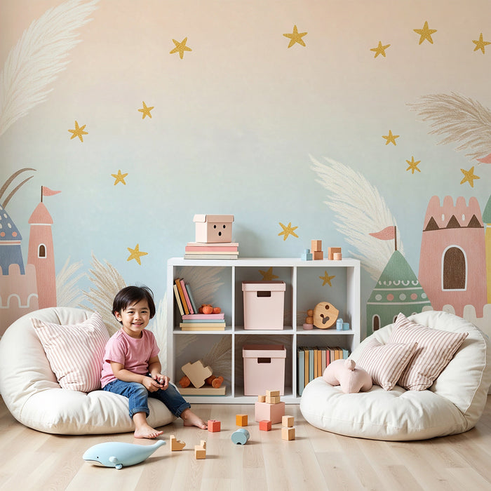 Papier peint chambre bébé | Châteaux colorés sous un ciel étoilé