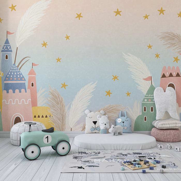 Papier peint chambre bébé | Châteaux colorés sous un ciel étoilé