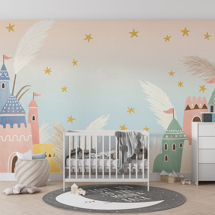 Papier peint chambre bébé | Châteaux colorés sous un ciel étoilé