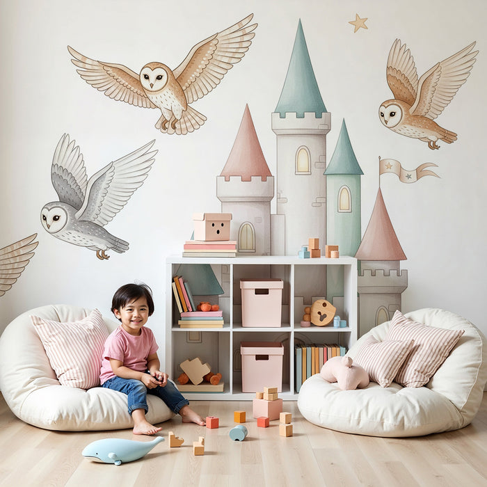 Lastenhuoneen tapetti | Lumoavat linnat ja lentävät pöllöt tähtien alla