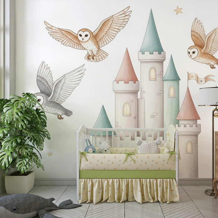 Lastenhuoneen tapetti | Lumoavat linnat ja lentävät pöllöt tähtien alla