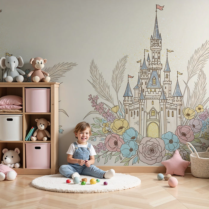 Lastenhuoneen tapetti | Linnoja upotettuna herkkien kukkien keskelle