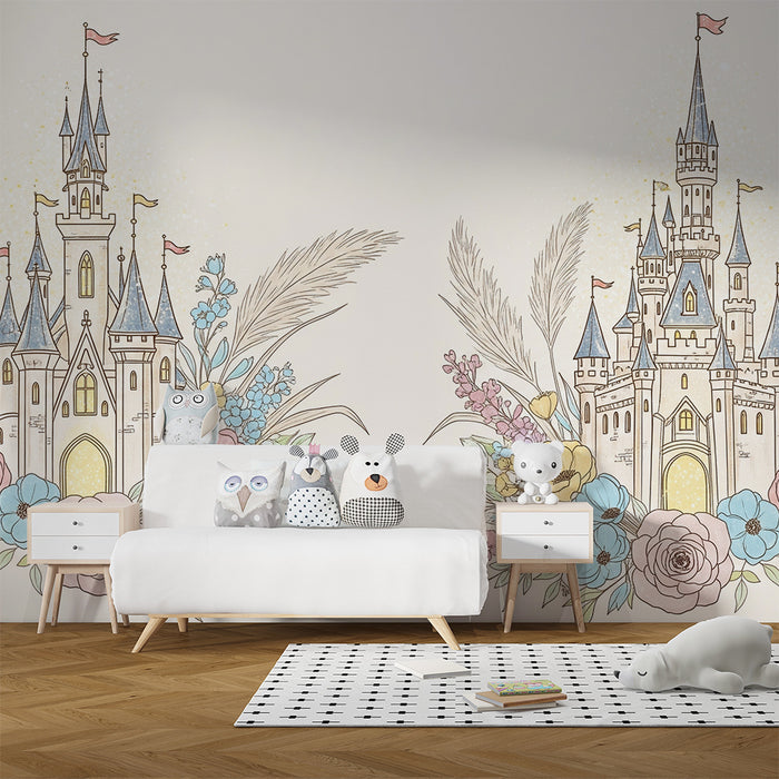 Lastenhuoneen tapetti | Linnoja upotettuna herkkien kukkien keskelle