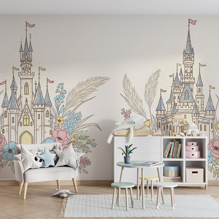 Lastenhuoneen tapetti | Linnoja upotettuna herkkien kukkien keskelle