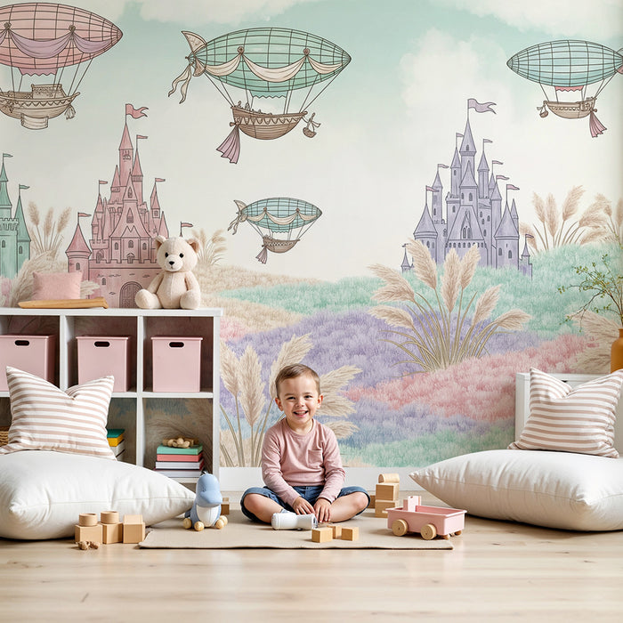 Babykamer behang | Sprookjesachtige kastelen en luchtballonnen in een pastel landschap