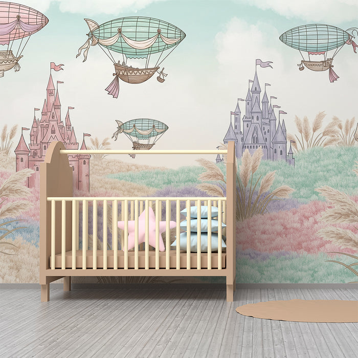 Babykamer behang | Sprookjesachtige kastelen en luchtballonnen in een pastel landschap
