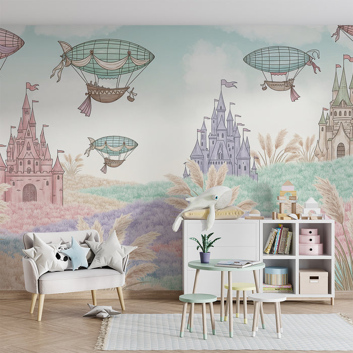Babykamer behang | Sprookjesachtige kastelen en luchtballonnen in een pastel landschap