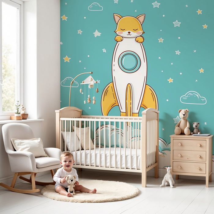 Papier peint chambre bébé | Chaton astronaute et fusée