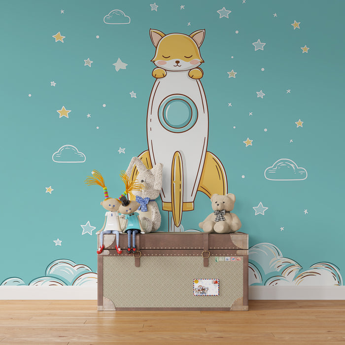 Papier peint chambre bébé | Chaton astronaute et fusée