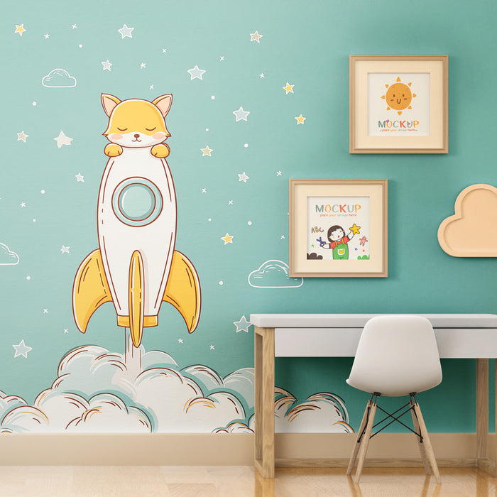Papier peint chambre bébé | Chaton astronaute et fusée