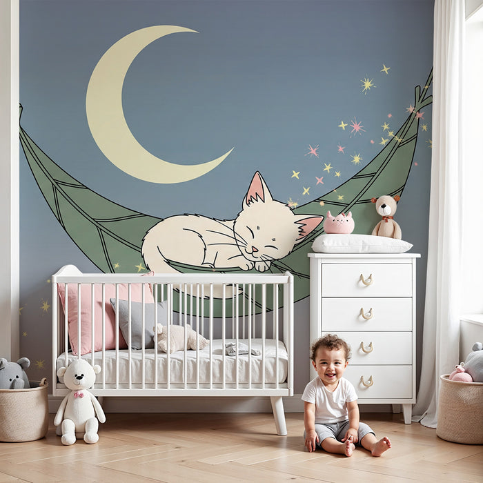 Papier peint chambre bébé | Chaton endormi dans un hamac sous la lune