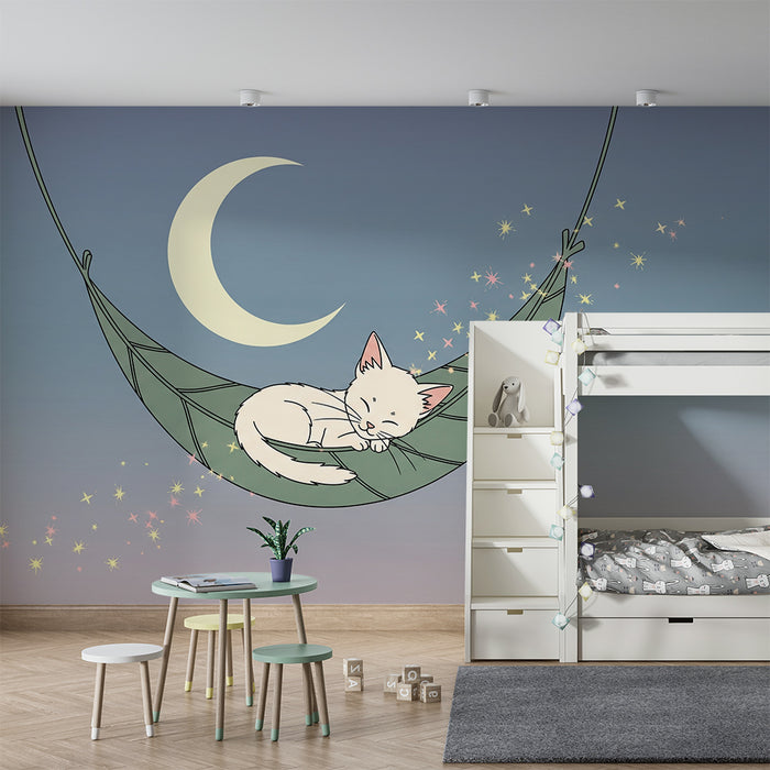 Papier peint chambre bébé | Chaton endormi dans un hamac sous la lune
