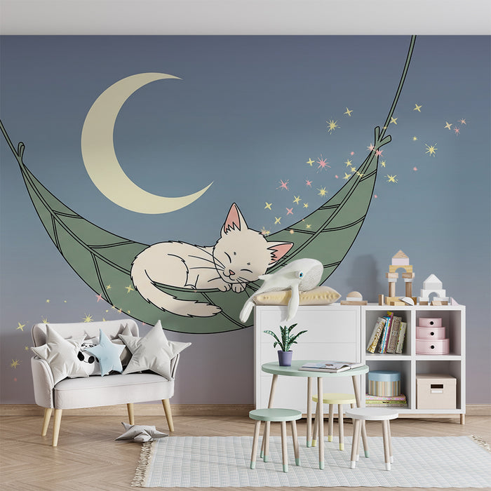 Papier peint chambre bébé | Chaton endormi dans un hamac sous la lune
