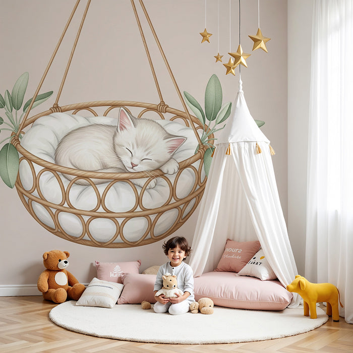 Papier peint chambre bébé | Chaton endormi dans un panier suspendu