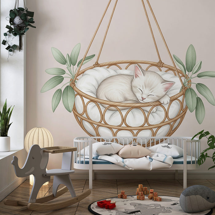 Papier peint chambre bébé | Chaton endormi dans un panier suspendu