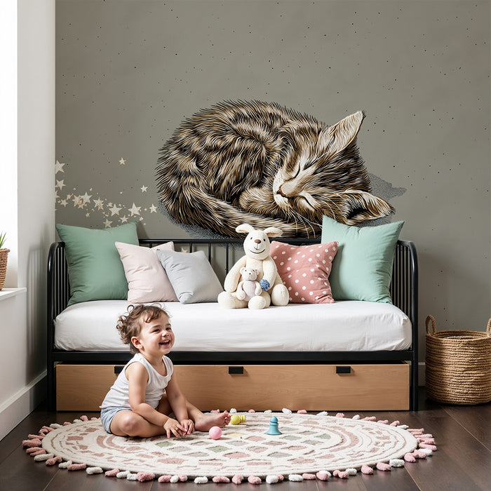 Børneværelse tapet | Søvnig killing omgivet af skinnende stjerner