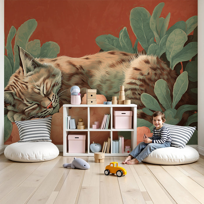 Lastenhuoneen tapetti | Nukkuva kissanpentu ympäröi rehevää lehvistöä