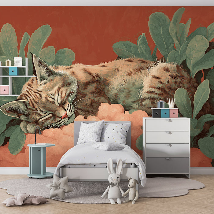 Lastenhuoneen tapetti | Nukkuva kissanpentu ympäröi rehevää lehvistöä