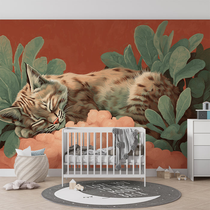 Lastenhuoneen tapetti | Nukkuva kissanpentu ympäröi rehevää lehvistöä