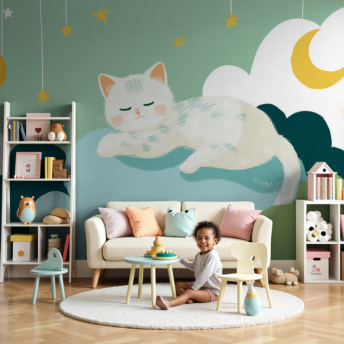 Nursery room wallpaper | Sleeping kitten among the clouds and golden stars