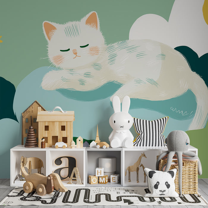 Nursery room wallpaper | Sleeping kitten among the clouds and golden stars