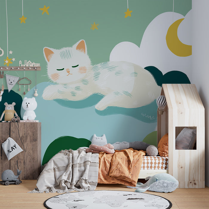 Nursery room wallpaper | Sleeping kitten among the clouds and golden stars