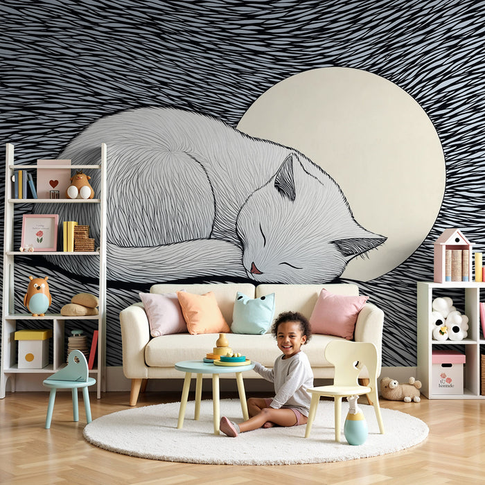 Papel pintado infantil | Gatito durmiendo bajo la luna