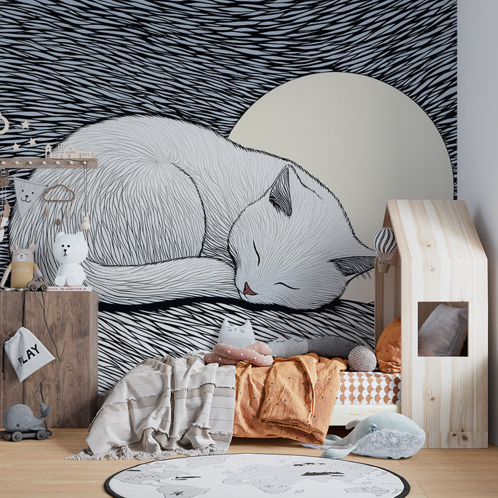 Papel pintado infantil | Gatito durmiendo bajo la luna