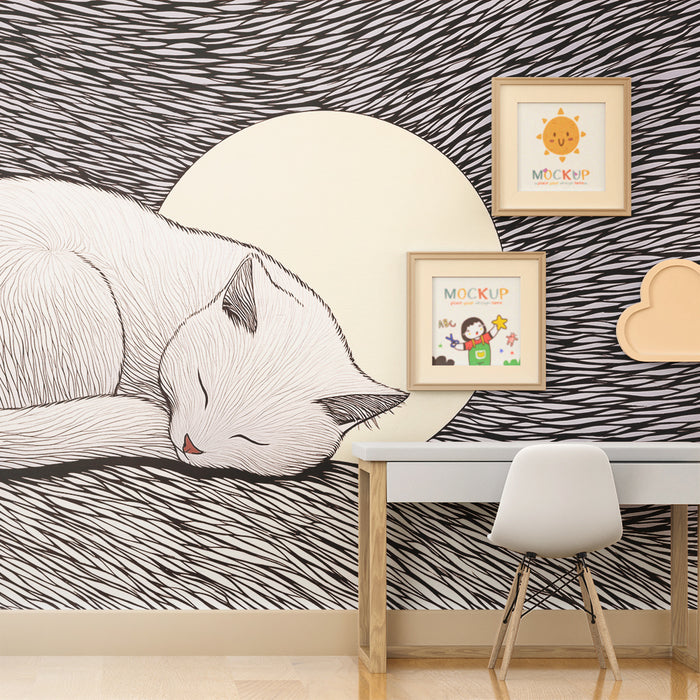 Papel pintado infantil | Gatito durmiendo bajo la luna