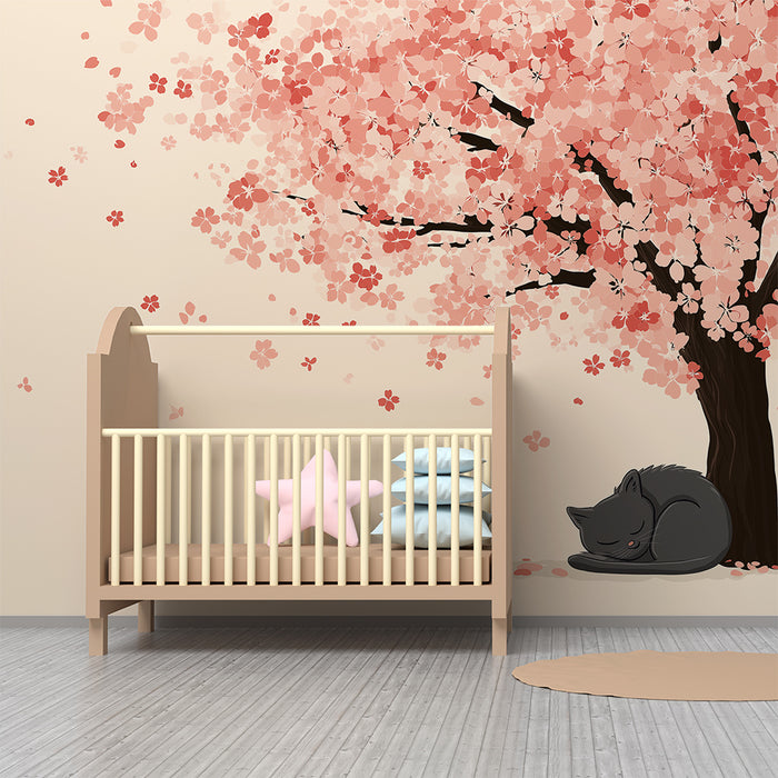 Nursery room wallpaper | Sleeping kitten under a cherry blossom tree