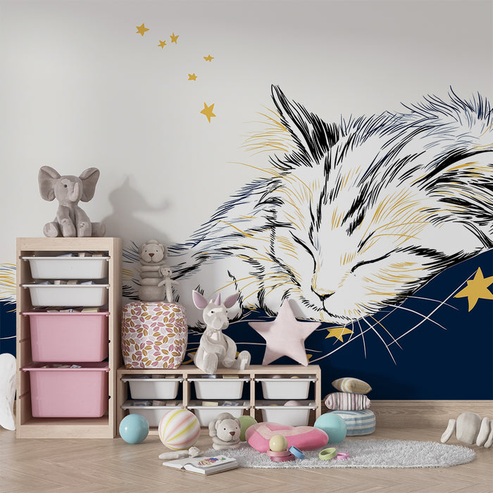 Papel de parede quarto bebê | Спящо коте под звездно небе