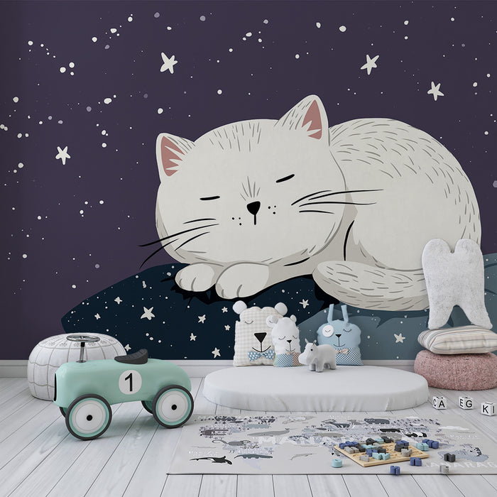Nursery room wallpaper | Sleeping kitten under a starry sky