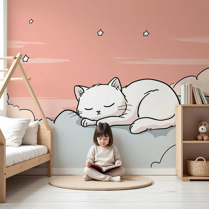 Babykamer behang | Slapende kitten op roze en sterrenhemel