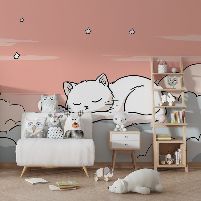 Babykamer behang | Slapende kitten op roze en sterrenhemel