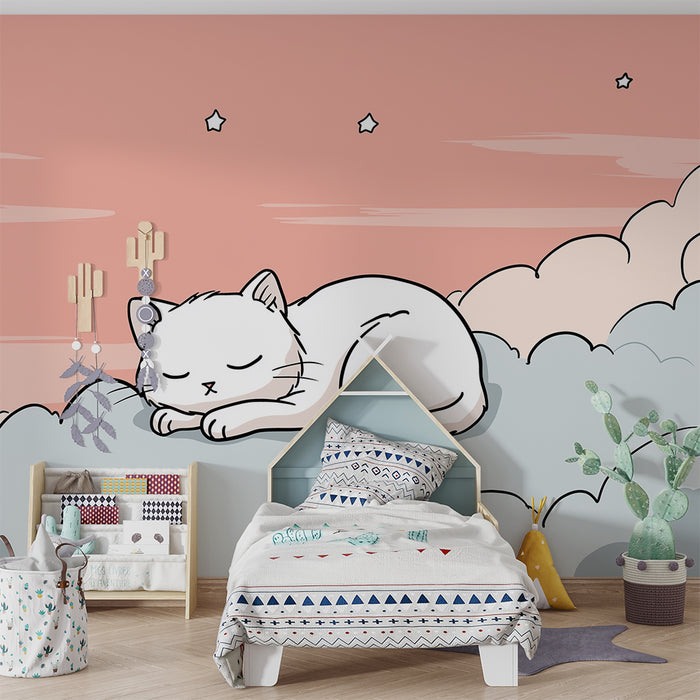 Babykamer behang | Slapende kitten op roze en sterrenhemel