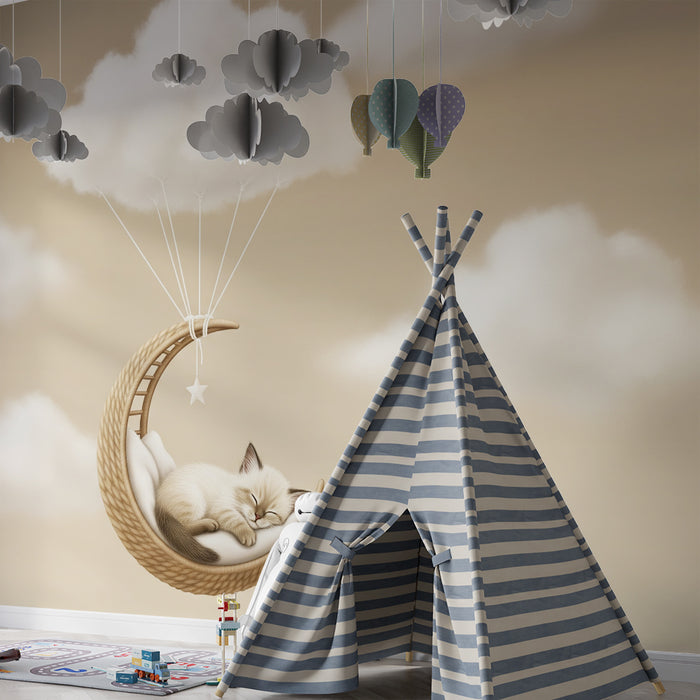 Papel de parede para quarto de bebé | Gatinho a dormir num quarto de lua com nuvens suaves