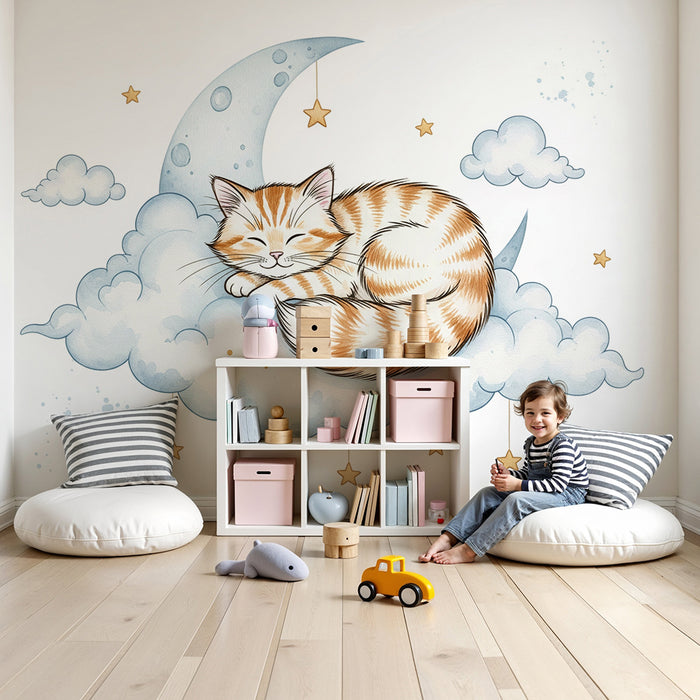 Behang voor babykamer | Slapend katje op een wolk met gouden sterren