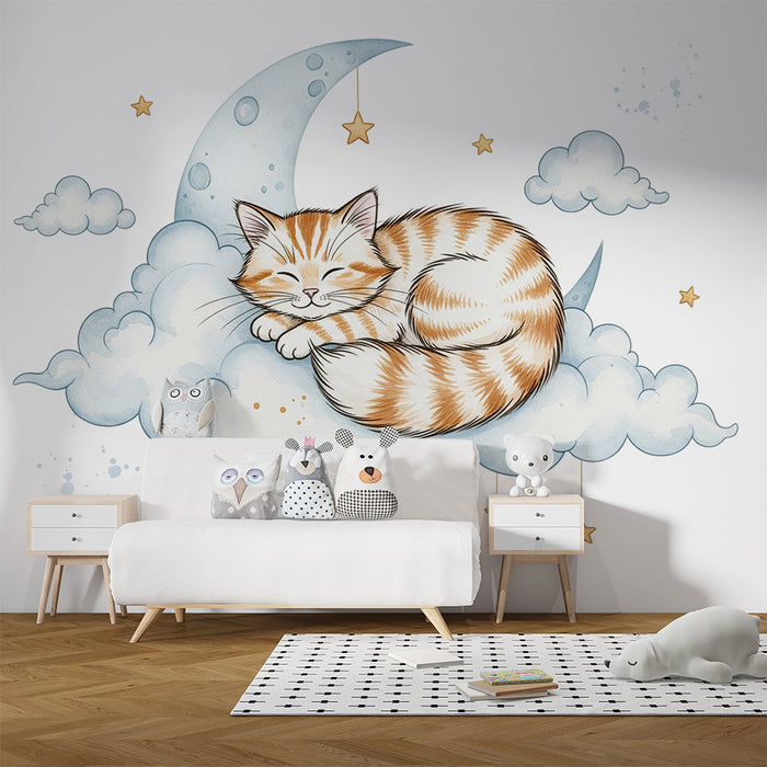Behang voor babykamer | Slapend katje op een wolk met gouden sterren