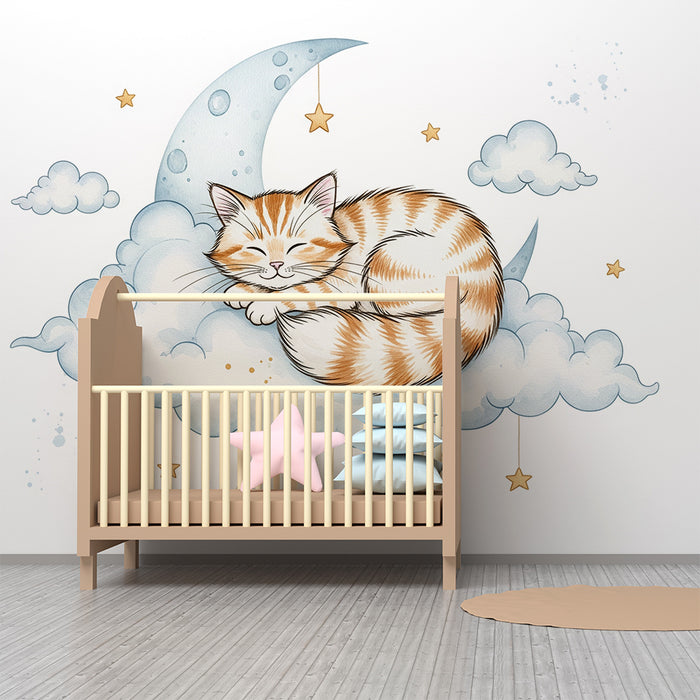 Behang voor babykamer | Slapend katje op een wolk met gouden sterren