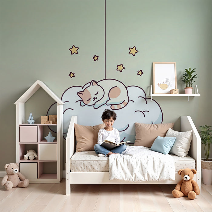 Nursery room wallpaper | Sleeping kitten on a cloud with twinkling stars