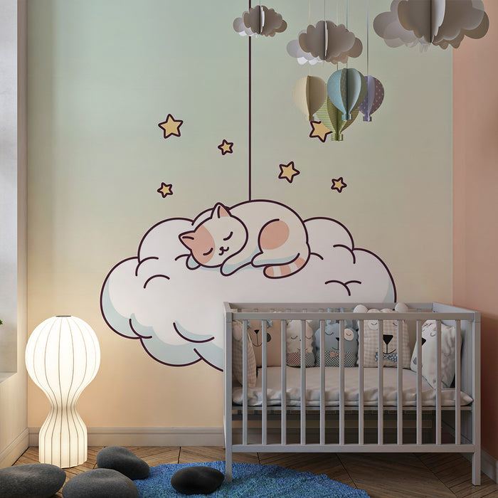 Nursery room wallpaper | Sleeping kitten on a cloud with twinkling stars