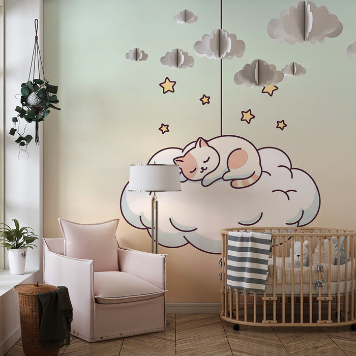 Nursery room wallpaper | Sleeping kitten on a cloud with twinkling stars