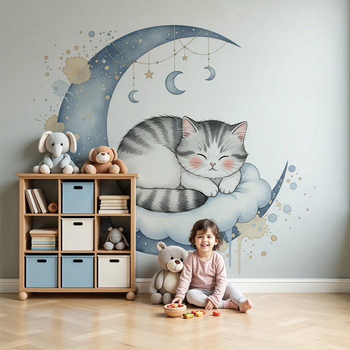 Babykamerbehang | Slapende katje op een wolk met maan en sterren