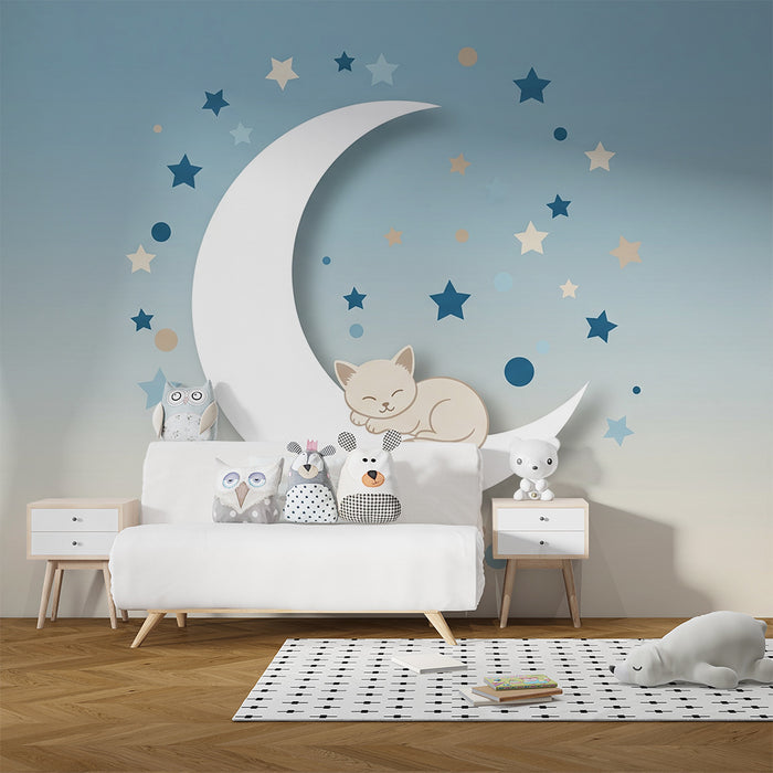 Barntapet | Sovande kattunge på en måne med stjärnor