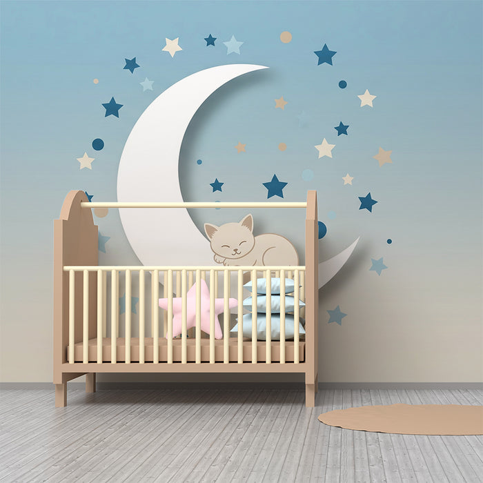Barntapet | Sovande kattunge på en måne med stjärnor