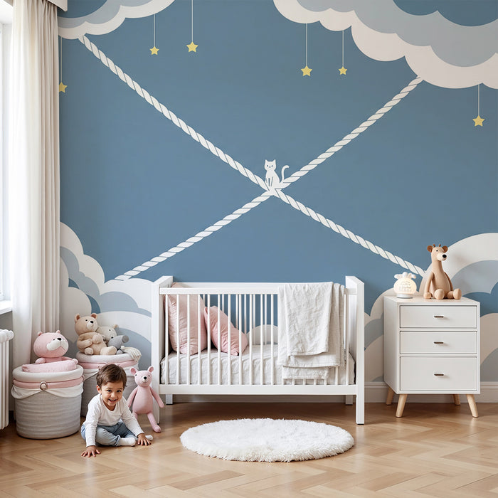 Papier peint chambre bébé | Chaton espiègle dans les nuages étoilés