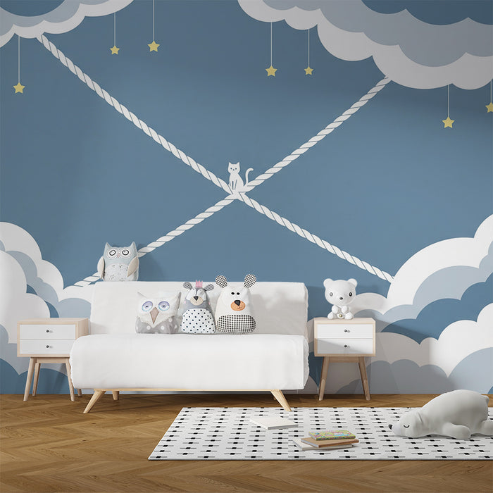 Papier peint chambre bébé | Chaton espiègle dans les nuages étoilés