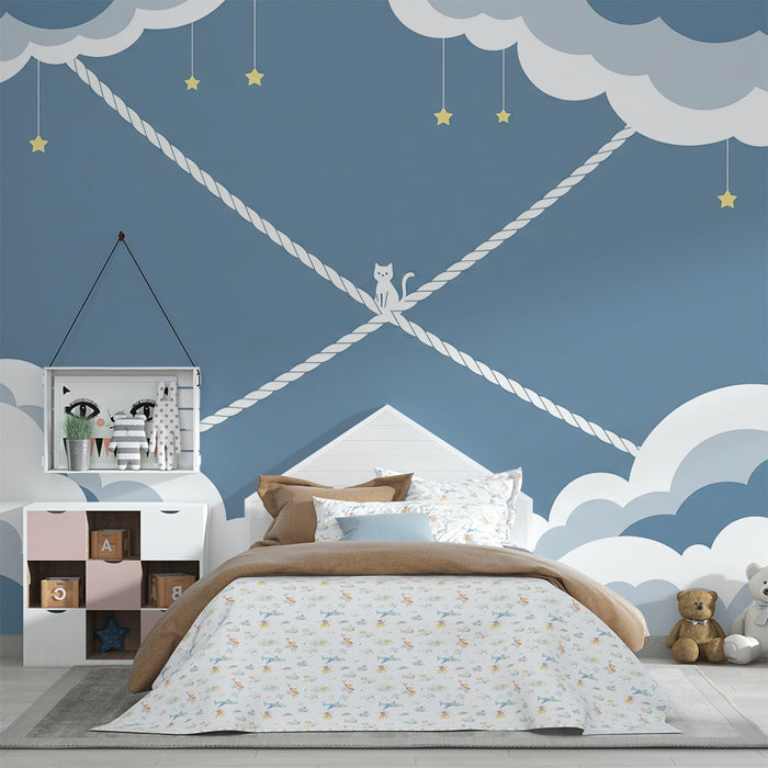 Papier peint chambre bébé | Chaton espiègle dans les nuages étoilés
