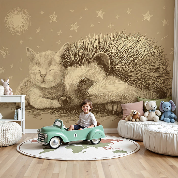 Papier peint chambre bébé | Chaton et hérisson endormis sous les étoiles